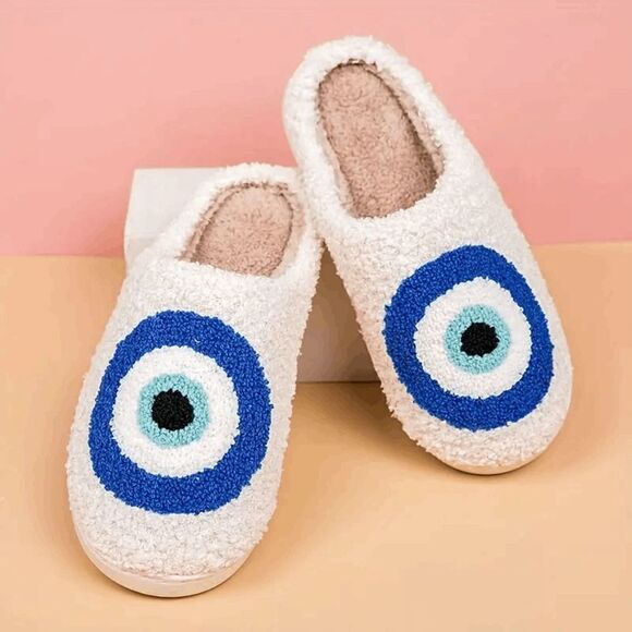Blue and White Evil Eye Fuzzy Smiley Face Slippers Size 8/9 - Picture 3 of 5